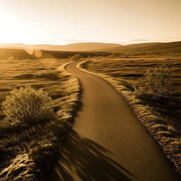 Winding paved path through golden rolling hills during warm sunset light