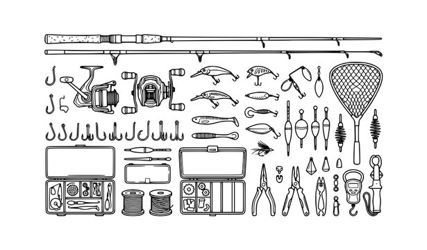 Fishing Equipment and Tackle Collection Outline Vector