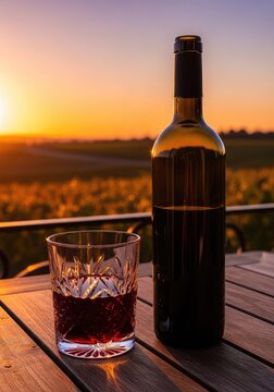 A dark bottle of red wine and a half-filled crystal glass rest on a rustic wooden table overlooking a scenic vineyard at golden hour sunset, nature, harvest, tasting