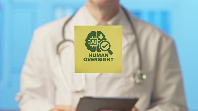 Medical professional holding a sticky note with an artificial intelligence human oversight icon, highlighting the importance of supervision and regulation in modern healthcare technology