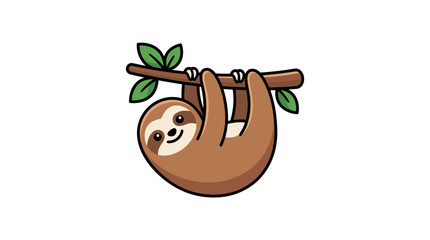 Fototapeta premium A cute cartoon sloth hanging on a branch. This happy vector illustration features a simple design style, perfect for children branding, stickers, kids apparel, or playful nature designs.