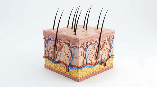 3D anatomical model of human skin layers showing epidermis dermis and hypodermis structure with hair follicle 3D model medical education