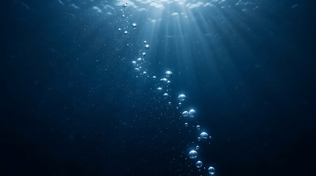 Underwater scene with a diagonal line of bubbles ascending towards sunlit surface keywords