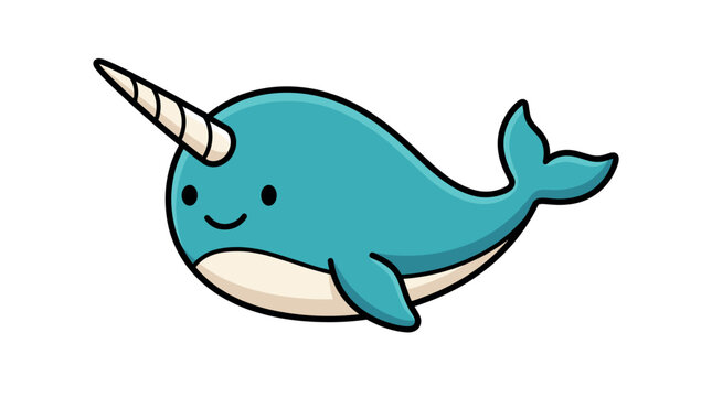 A cute cartoon narwhal character, vector style, featuring a blue body and spiral horn. Perfect for kids designs, educational materials, nursery decor, and playful marine graphics.