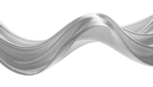 Abstract flowing silver silk fabric wave isolated on white background for luxury design and fashion concepts