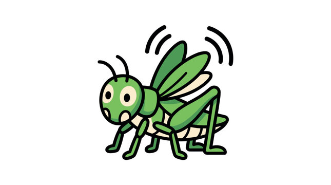 A colorful flat vector illustration of a cute green grasshopper character. Playful mascot style design for children projects, nature education, and fun wildlife graphic concepts.