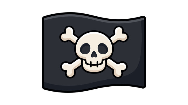 A stylized vector illustration of a black pirate flag featuring a white skull and crossbones. The cartoon design is perfect for themes of adventure, danger, maritime history, and symbols.