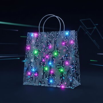 A glowing translucent shopping bag featuring integrated circuit lines and holographic data nodes against a dark futuristic background scene, consumerism, purchase, interface