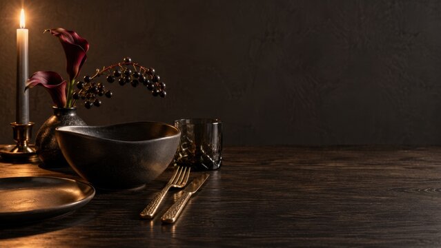 Dark moody dinner table setup with candle light, metallic bowl, flowers, and gold cutlery on wooden surface