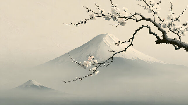 Mount Fuji and Plum Blossoms in Mist Serene Japanese Spring Landscape