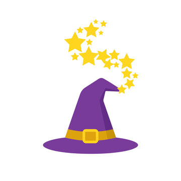Vector illustration of a purple witch hat with yellow buckle releasing magical glowing stars for Halloween celebration designs