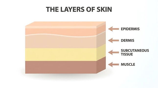 Cross section diagram illustrating the different layers of human skin and muscle with subcutaneous tissue integumentary system muscle layer