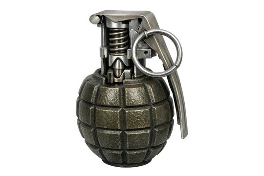 A metal hand grenade with a handle, often used in military or tactical situations