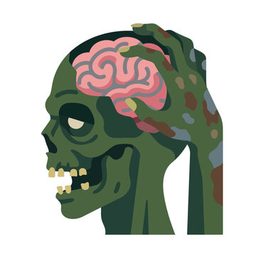 Vector illustration of a green zombie profile with exposed pink brain and undead hand grabbing head