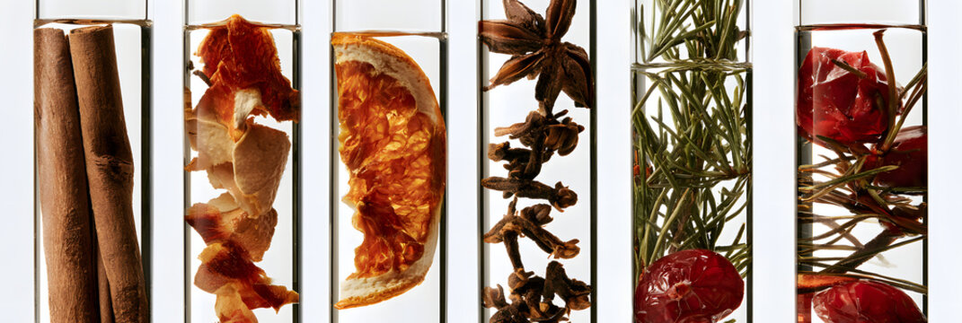 Autumn Botanical Collection with Cinnamon Leaves Orange Pine Cones and Rosemary