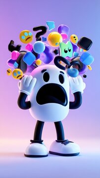 A cartoon character with an exaggerated expression, overwhelmed by floating colorful emojis and symbols