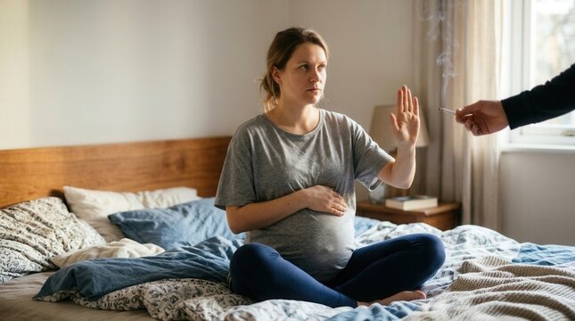 Pregnant Woman Refuses Smoking Attempt On Bedroom Setting