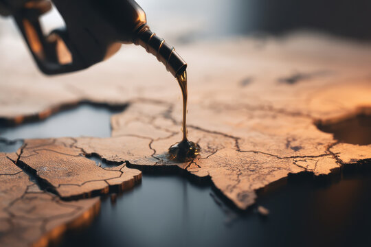 Oil supply, energy security and Middle East geopolitics. Close up fuel nozzle dripping crude oil across a middle east map