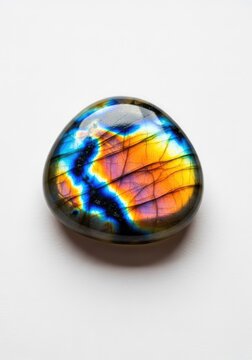 A polished iridescent labradorite gemstone displays a brilliant play of blue and gold colors, isolated against a clean white background, reflection, mineral, blue