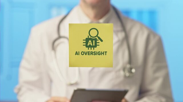 Healthcare professional holding a tablet computer while showing a yellow sticky note with an ai oversight icon, symbolizing the importance of monitoring artificial intelligence in modern medicine