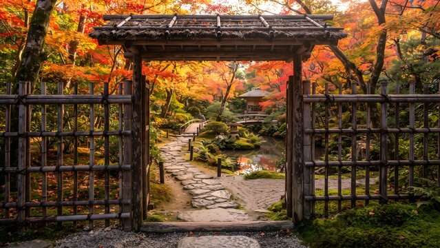 Traditional Japanese Bamboo Gate Opening onto an Autumn Garden