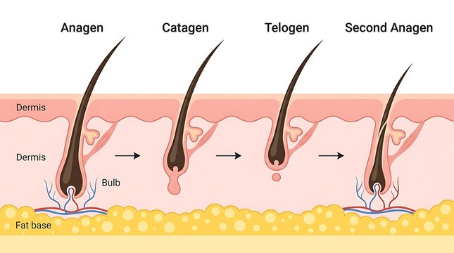 Diagram showing the stages of human hair growth cycle including anagen catagen and telogen phases with hair follicle hair loss hair regenerati