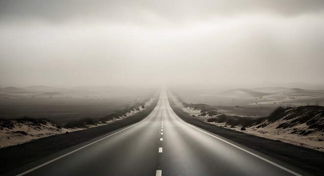 Endless straight asphalt road stretching through mysterious foggy desert landscape scenes