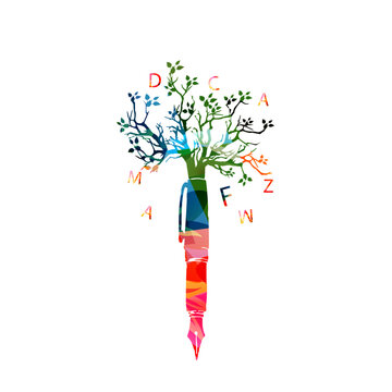 Fountain Pen with Knowledge Tree and Letters Vector Illustration