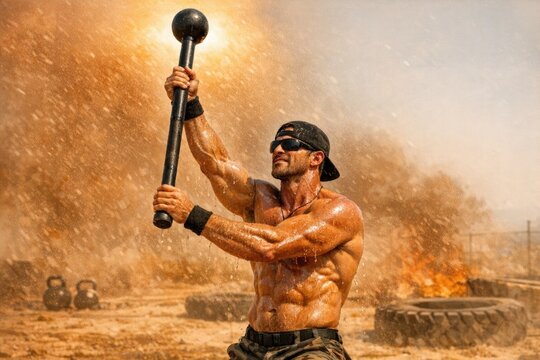 A person holding a heavy metal mace  in the rain, great for sports or weather-related concepts