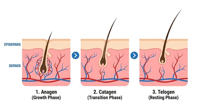 Diagram of human hair growth cycle phases including anagen catagen and telogen with hair follicle growth phase resting phase transition phase