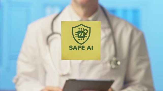 Medical professional in a white coat with a stethoscope holding a digital tablet and showing a sticker with a safe ai icon, representing the future of healthcare and responsible technology