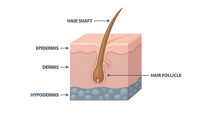 Anatomical diagram of human skin layers including epidermis dermis hypodermis and hair follicle structure with medical illustration