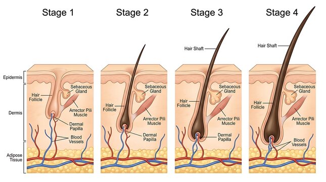 Four stage medical illustration showing hair growth cycle phases in human skin cross section with hair follicle hair loss hair shaft follicle