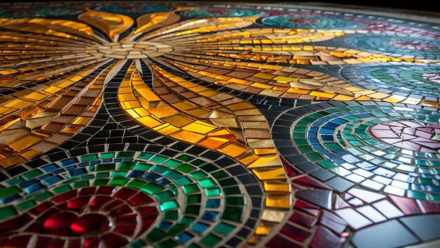 Vibrant Mosaic Art with Sunburst and Swirl Patterns