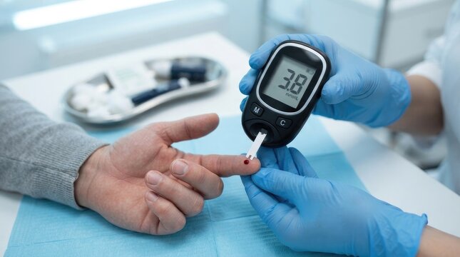 Closeup of a medical professional checking a patients blood glucose level with a digital glucometer world diabetes day