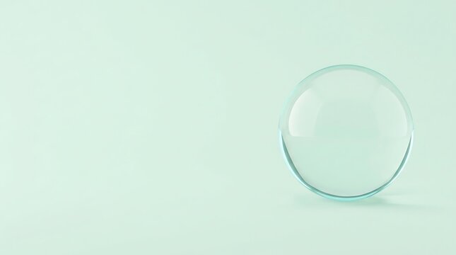 A single clear glass sphere resting on a pale mint green, smooth, matte surface, 91 characters