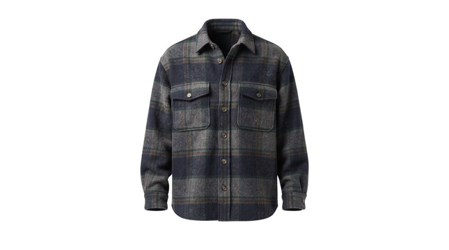 Plaid flannel shirt in dark grey and navy blue, heavy wool blend lumberjack jacket, casual winter button-down shirt for men isolated on white
