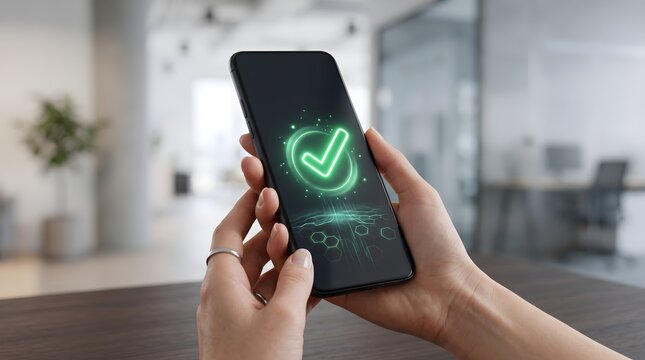Futuristic digital check mark icon on mobile phone display.