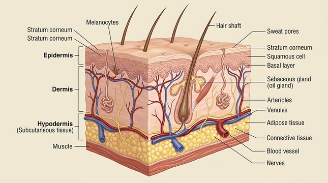 Educational diagram showing the cross section anatomy of human skin layers with subcutaneous tissue hair follicle skin structure medical illu