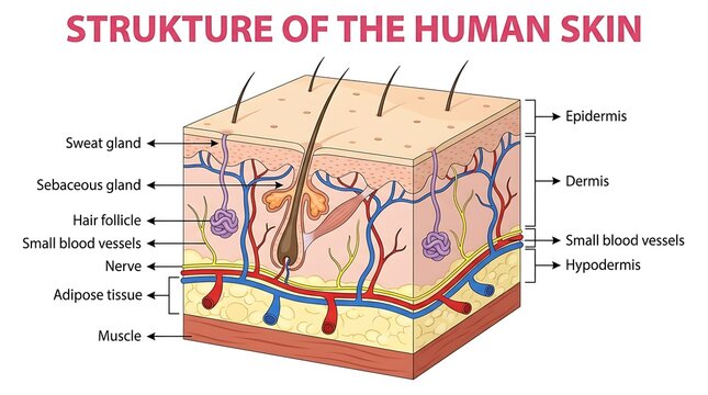 Detailed medical illustration of human skin structure and anatomy layers with subcutaneous layer hair follicle biological diagram body tissue