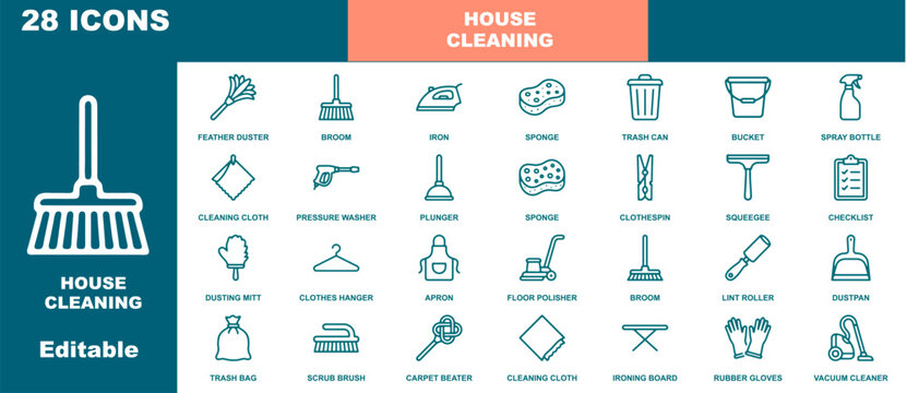 House cleaning and domestic housekeeping flat vector icons set for janitorial and sanitization services