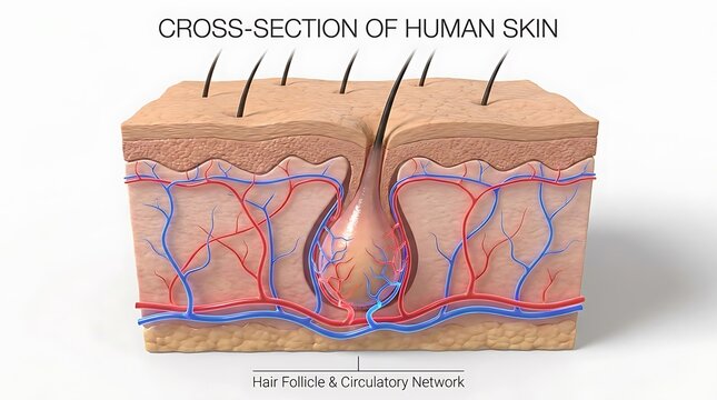 Detailed medical cross section of human skin showing hair follicle and subcutaneous layers with skin anatomy medical diagram human body
