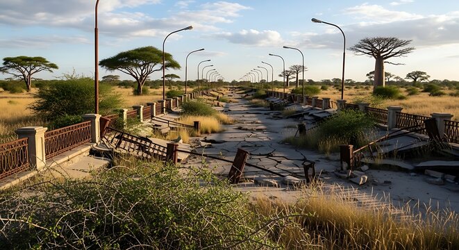 Abandoned broken road stretching through empty savanna with tall baobab trees