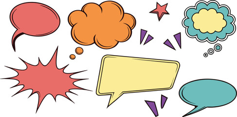 Colorful comic speech bubbles and boom explosion symbols in pop art style for creative layouts. © Gfx Foysal