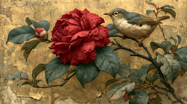 Japanese Peony and Bird Art Vintage Floral Painting with Red Peony