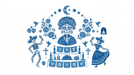 Fototapeta premium Day of the Dead altar with dancing skeletons and sugar skull woman