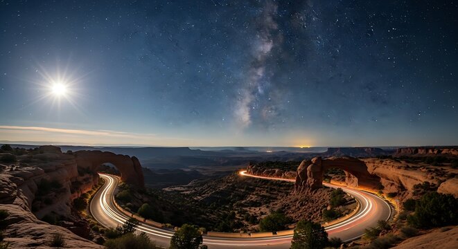 Winding desert road under bright moonlight and the Milky Way galaxy