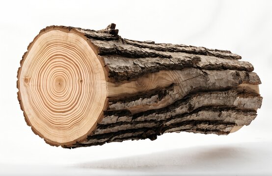 Single piece of rough cut wood log with visible growth rings on white background