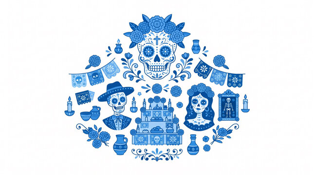Day of the Dead sugar skulls and altar arrangement in blue