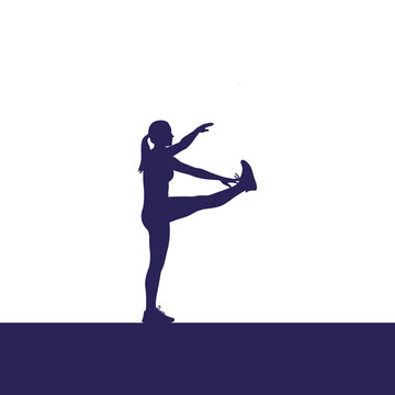 Silhouette of woman performing standing leg extension stretch in dark blue color scheme for fitness training guides or yoga studio promotional branding materials.